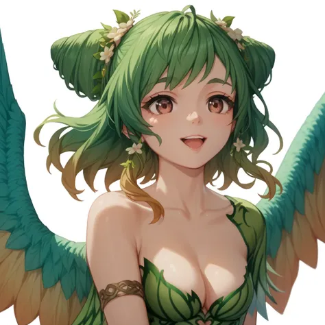  score_9, score_8_up, score_7_up, score_6_up, score_5_up, score_4_up, 1 girl, green hair, medium hair, brown eyes, Wings, Iris costume、 flying in the sky、fun、joy