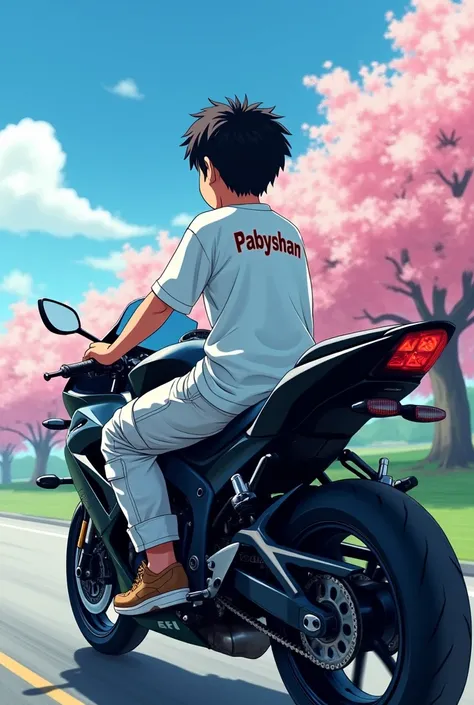 A boy siting on a bike and it show the back view that bike should be a kawasaki ninja and the boy age should be 13 and back of the Tshirt hes name should be printed the name Pabyshan without any spelling mistake and the boy should wear a white t shirt and ...