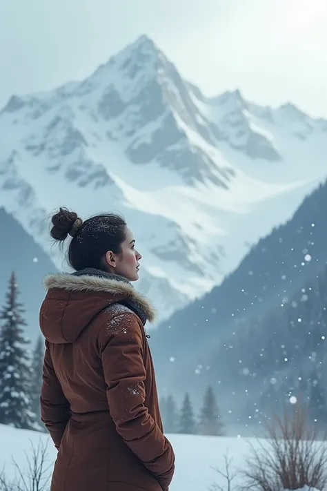 Woman watching a snowy mountain