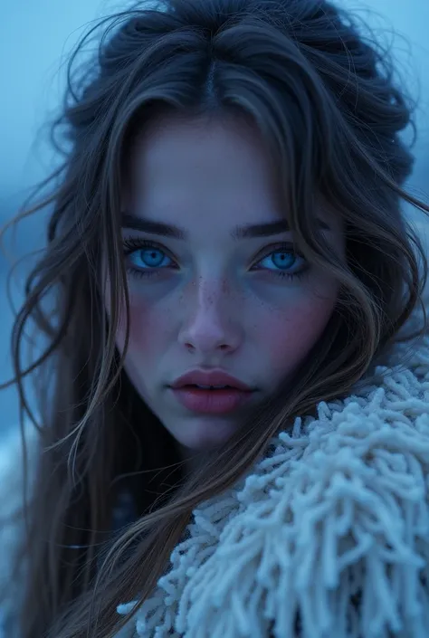 **quantum inspiration. Ethereal hues blend together and evoke existential transition and mystery. Close-up of a beautiful, gorgeous woman with violet eyes and long wavy hair partially visible. Against a twilight arctic backdrop, icy winds ripple through he...