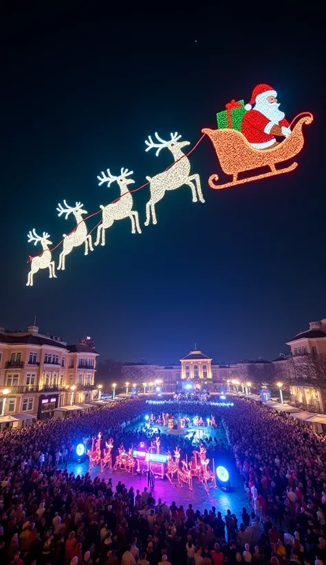 A spectacular nighttime drone light show featuring an awe-inspiring display of Santa Claus and his reindeer soaring through the sky. The drones emit vibrant, radiant lights, precisely outlining Santas iconic silhouette, detailed festive attire, and sleigh ...