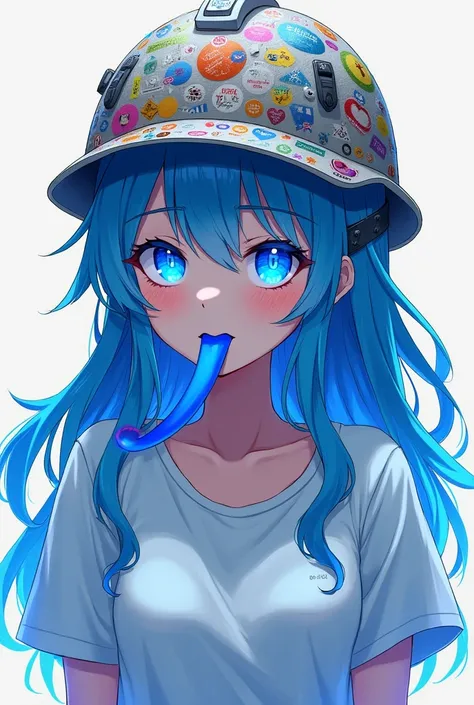 Create a  girl, With blue eyes neon , normal teeth,  blue hair,blue painted lips, Very long tongue ,  workers helmet full of stickers , camisa blanca,  uses the anime and realistic style