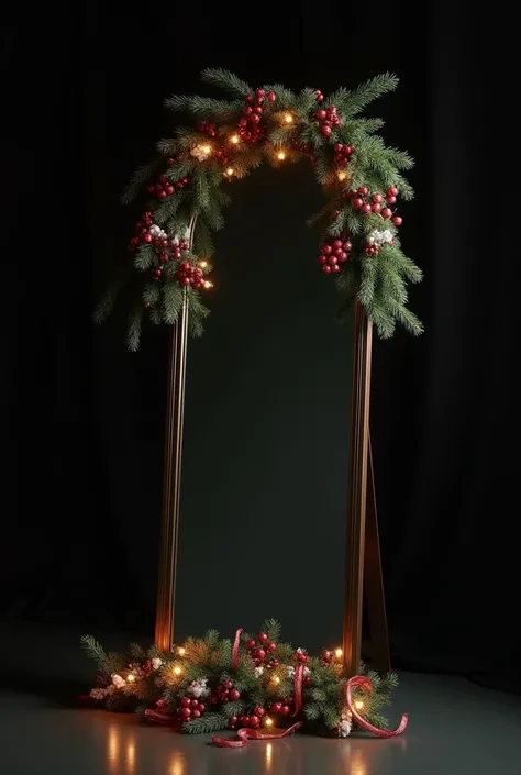 Christmas vertical rectangular mirror with a garland on dark without reflection