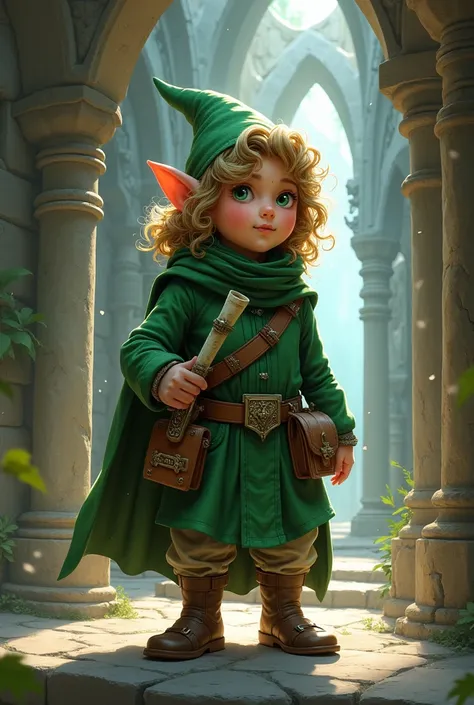  A bardo gnome with curly dark blond hair and a green costume. Hanging on her belt are a scroll of parchment , , a small purse, and a short sword with an adorned handle . Hes in a castle .