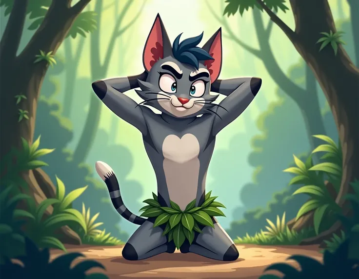 In flat 2d animation ,  a young gray cat boy , white and black stripes  , ANTHROPOMORPHIC, that is, on two legs , in loincloths made of leaves  , The young cat boy is kneeling  , with arms behind the head , in the jungle , The cat is young  ,  so the cat l...