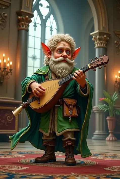  A bardo gnome with curly dark blond hair and a green costume. He plays a lute . Hanging on her belt are a scroll of parchment , , a small purse, and a short sword with an adorned handle . Hes in a castle .