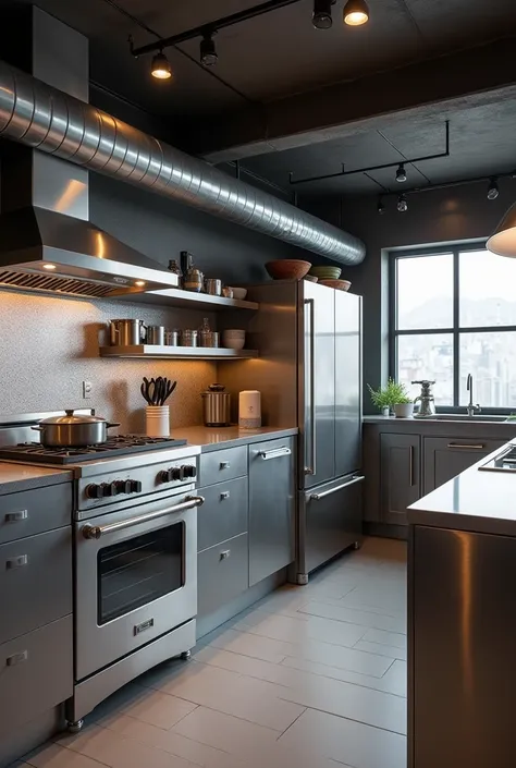 Make an American-style residential kitchen with an all-stainless industrial design 