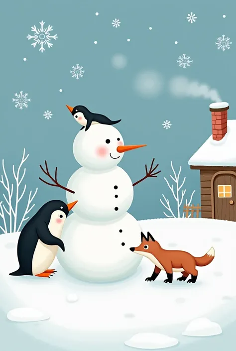 On the winter background, 3 penguins and 1 polar bear make a snowman, and there is also a hut in the right corner, and I also draw 2 arctic foxes that snow little by little in the sky and skate on the ice. The picture is simple, round, and makes it feel li...