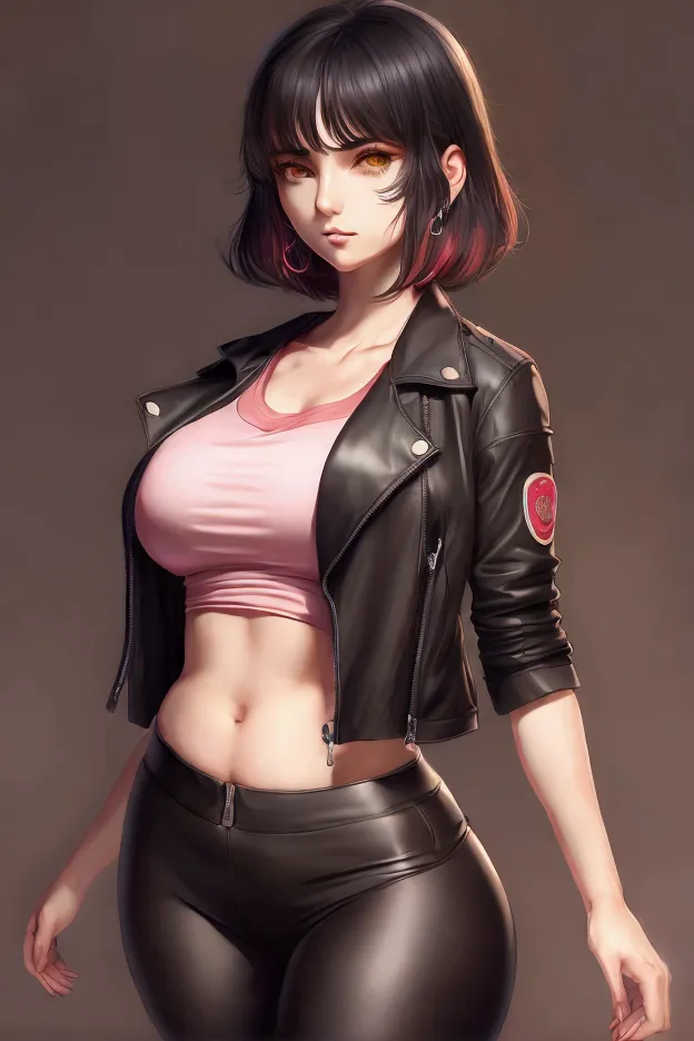 A red-skinned girl, very large full breasts, short black hair, wearing a black leather jacket with a pink t-shirt underneath, black leggings and boots, and golden eyes. Girl with academic body and big ass. anime girl 