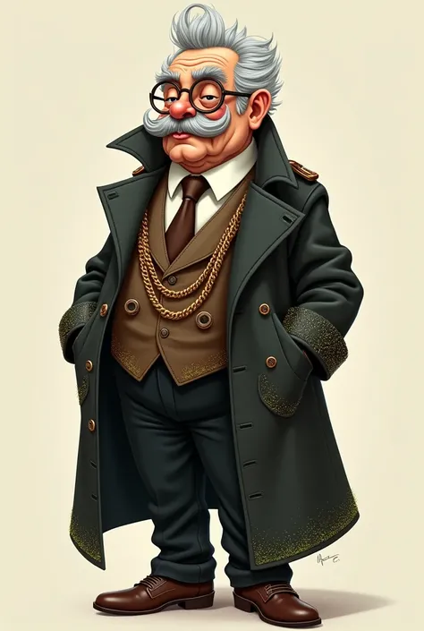 Give me a sketch  (Drawing)  of an elderly character , with mustaches,  Steampunk style dress , with hat, glasses, Gillette black , camisa blanca, brown tie ,  black trench coat with chains ,  black pants and brown shoes. The entire wardrobe has sparkles a...