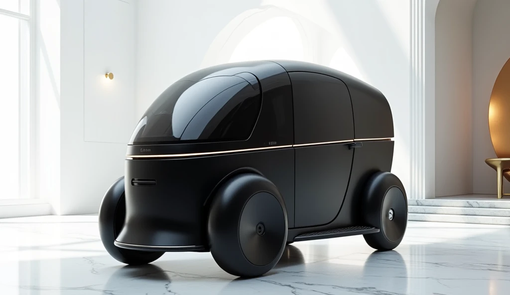 4. 3/4 Angle (Dynamic View):

"Illustrate a 3/4 angle of a black electric tricycle camper, combining the front and side views to showcase its sleek design, aerodynamic curves, and camper functionality. The luxury white showroom features marble flooring, br...