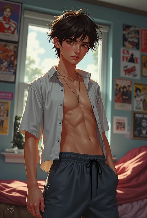 17-year-old boy MAN with rowdy brown hair,  with wide hips and a waist marked with a short white shirt that reveals his abdomen and dark gray sports pants, Thin boy,  dark style drawing with ,  with Asian features in an eighties room ,  lenses full of post...