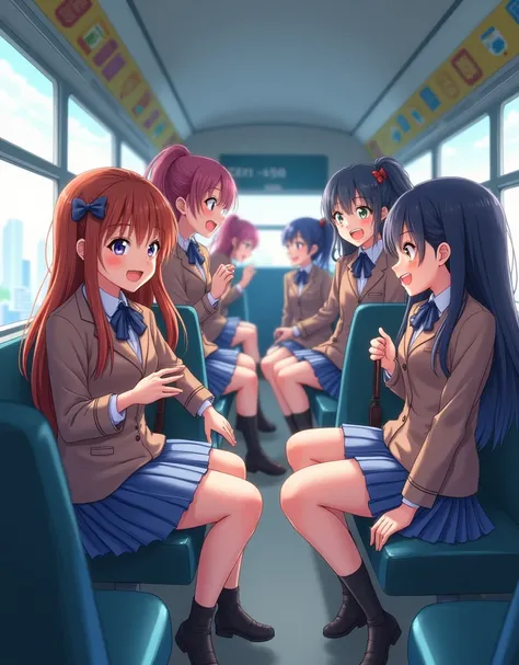 elementary school anime girls are sitting and chattering in the bus