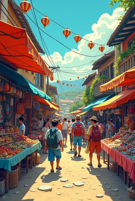 Small town，1990s，Lively bazaar， comic style