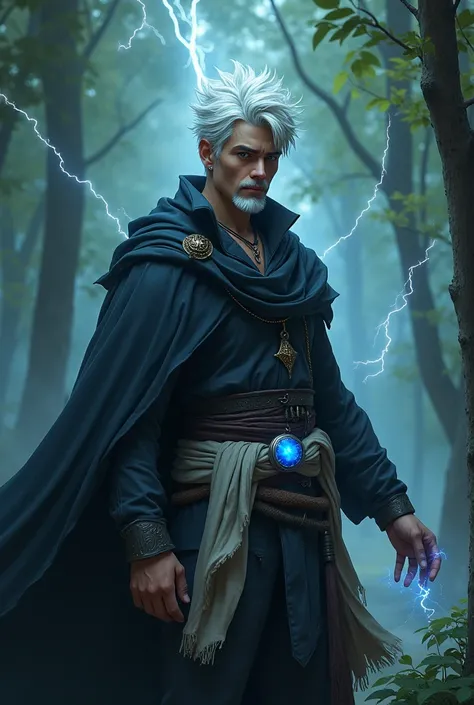 A 19-year-old white-haired boy with white goatee ,  he wears dark clothes and jackets and pants ,  he has a cloth around his waist with a blue amulet ,  he has the power of lightning and judgment and lives in an enchanted forest 