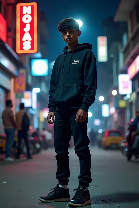 
**"A confident 15-year-old height 5ft 6 inch Indian rapper standing in night an urban street scene, surrounded by graffiti-covered walls and neon streetlights. He’s wearing stylish dark streetwear, including a hoodie, black jeans, and sneakers.  The rappe...