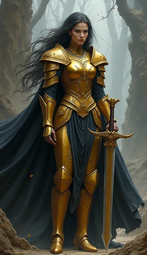 A strong and brave female warrior. She wears a shiny and detailed costume with golden armour. It flutters in the long, black winds. A sharp sword remains in her hand and she stands out with an expression. The plan behind her is unclear, but the character h...