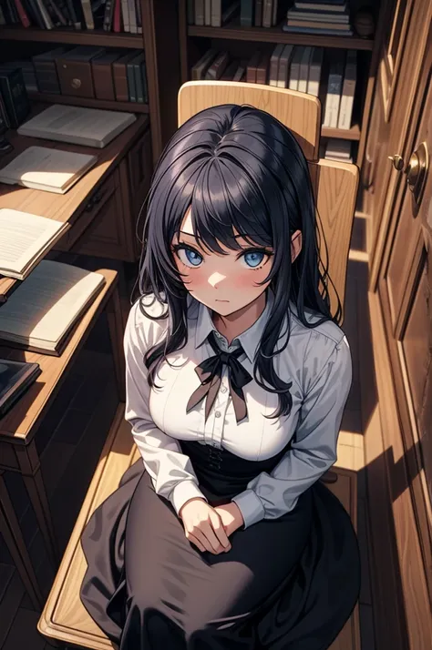 ((masterpiece, best quality:1.3, high detail)), (1girl), beautiful woman sitting on chair, bright eyes, looking at viewer, (sleepy), tired, long wavy hair, (dark blue hair), ((white collar shirt long sleeves)), (long black skirt), slim body, bookshelf, got...