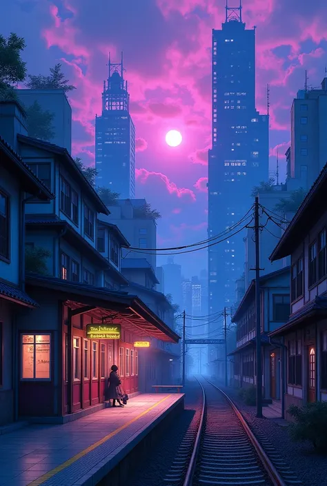 A surreal train station with a purple and blue glowing sky, surrounded by a mix of traditional Japanese homes and modern skyscrapers. The platform is deserted, and faint, ghostly footsteps echo in the stillness. The station sign reads あまがたき駅 (Amagataki Sta...