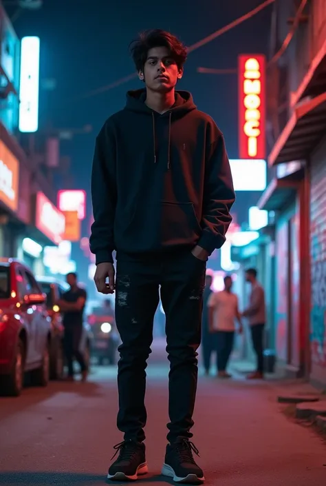 
**"A confident 15-year-old height 5ft 6 inch Indian rapper standing in night an urban street scene, surrounded by graffiti-covered walls and neon streetlights. He’s wearing stylish dark streetwear, including a hoodie, black jeans, and sneakers.  The rappe...