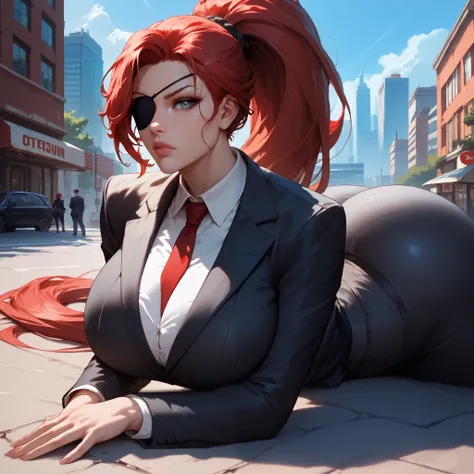 1girl, detailed face, detailed eyes, red hair, long ponytail, grey eyes, serious, eyepatch, huge breasts, huge ass, black suit, business suit, red necktie, pants, on the ground, outdoors, city