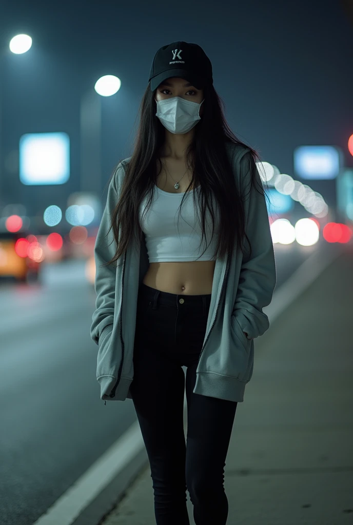 Full Body 4K Ultra HD Image. A  Indonesian teenage girl, who has long black hair, smooth white skin, a beautiful and cute face, black pupils, and sexy lips. She wears a white crop top above her navel, tight black very short hot pants, an unzipped gray hood...