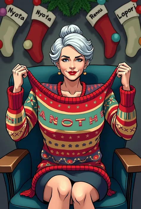 Batman Beyond TV show art style, old woman (dress, grey hair updo) sitting in chair, holding up a sweater (stripes, ugly designs, pompoms), Christmas decorations, stockings with names Nyota Rennu and Lopori, line art