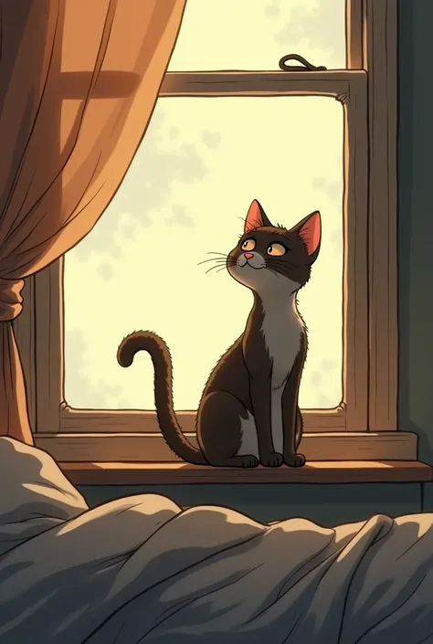  A cat looking thoughtfully out the window ,  with the face of reflecting on his life, but in the background, There is an untidy bed . Animated version 