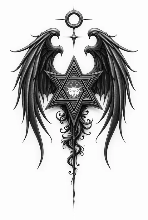  The alpha and omega hexagram symbol of the hermetic order of the golden dawn drawn with Liliths seal inside and wings on the sides, an angel wing on the right and a bat wing on the left . Designed in black and white tattoo style.