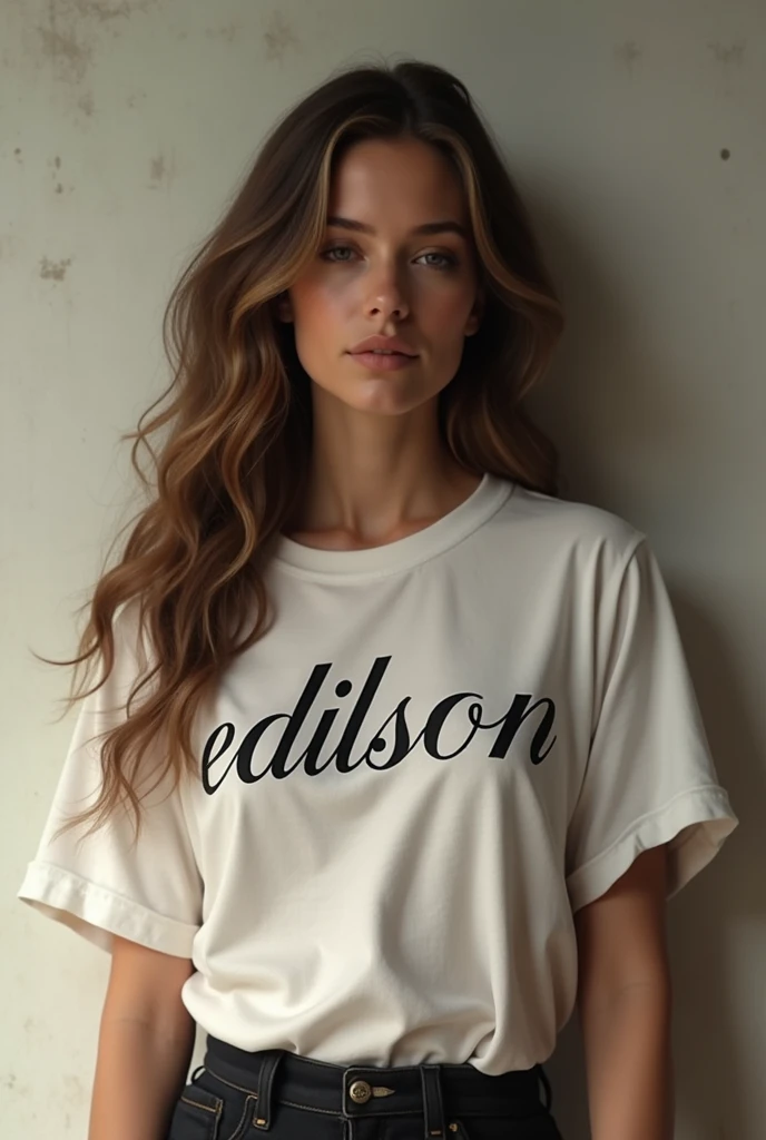 Create a woman with the beautiful Edilson written shirt 