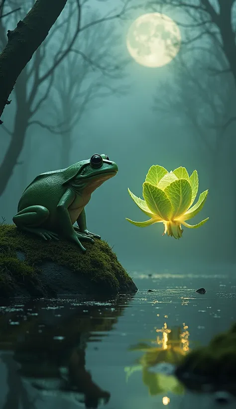 A large frog crouches on a mossy stone in a foggy swamp, staring at a glowing lettuce head that floats unnaturally on the water. Its jagged leaves glimmer faintly in the moonlight.