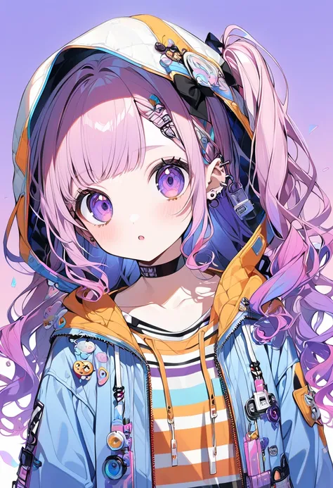 1girl,bangs,long_hair,ribbon,solo,blush,jacket,simple_background,white_background,breasts,striped,jewelry,eyebrows_visible_through_hair,looking_at_viewer,purple_hair,medium_breasts,choker,wavy_hair,earrings,collar,purple_eyes,hair_ribbon,shirt,upper_body,s...