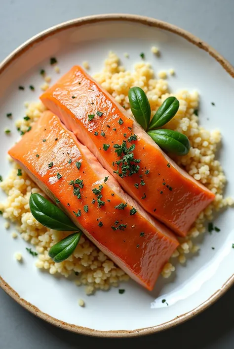 a plate of Peruvian trout fish with quinoa taken from the top view 