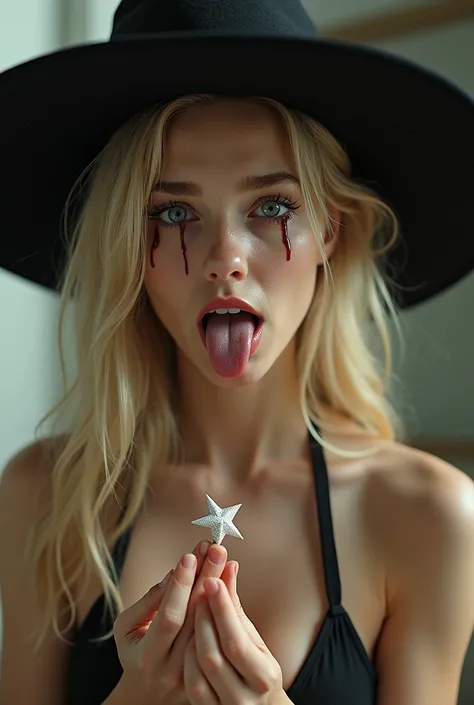 School Swimsuit Sex
1 girl, chest, Blonde, tongue,  holding a star , tooth, tears, tongueを出す,  Witch Hat ,  best quality, 