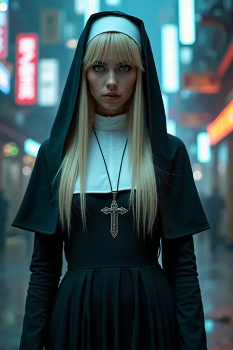  Create me a cyberpunk wallpaper by Asia Argento wearing a nuns uniform .  This outfit includes a long dark blue dress with white details ,  a white cap and a crucifix hanging around her neck her hair is long and blond , Reaching up to your hips
with loose...