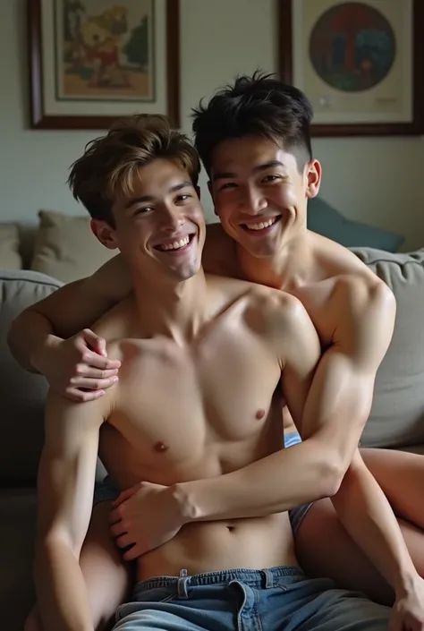 High-quality photo of two eighteen-year-old guys in a living room on a couch. An exceptionally tall, slender but muscular Asian boy, playfully captures a much shorter, very compact, athletic-looking blond, blue-eyed White guy.