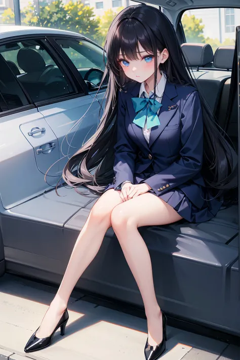 high school student ， Has long, dark hair ， with warm blue eyes ， Wore a fresh blue suit and black heels ， pure white collar and bright green bow 。 has long dark hair and warm blue eyes ，in the car，sitting on the car dial,， spread legs