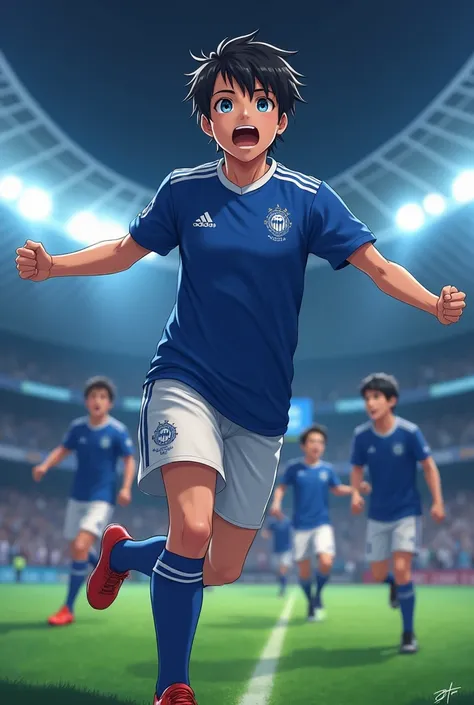  A 20-year-old young-looking boy, with fringed black hair on his forehead .  Blue eyes and defined athlete body .  Adidas soccer player uniform . The uniform is the blue jersey ,  white shorts and blue socks .  He celebrates madly alongside his teammates a...