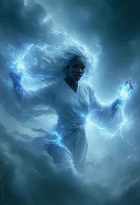 A very beautiful heroine ,  has black skin and long white hair .  She is flying and shooting electric rays through her hands .  In the sky there is a storm with lots of lightning and strong winds. Flowing white clothes.  Cinematic.  high quality . realisti...