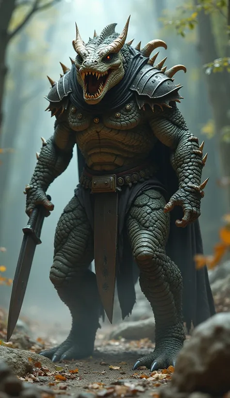 A fierce and proliferating reptilian warrior. Menacing, with malignant armour and long, sharp teeth and claws. Its face is moulded and deflated. In its hand is a large and powerful knife. Various details of the warrior appear in four different orientations...