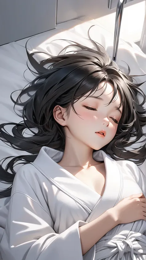 Ultra-realism
Girl sleeping on her back
Mouth open
Black hair
white bathrobe