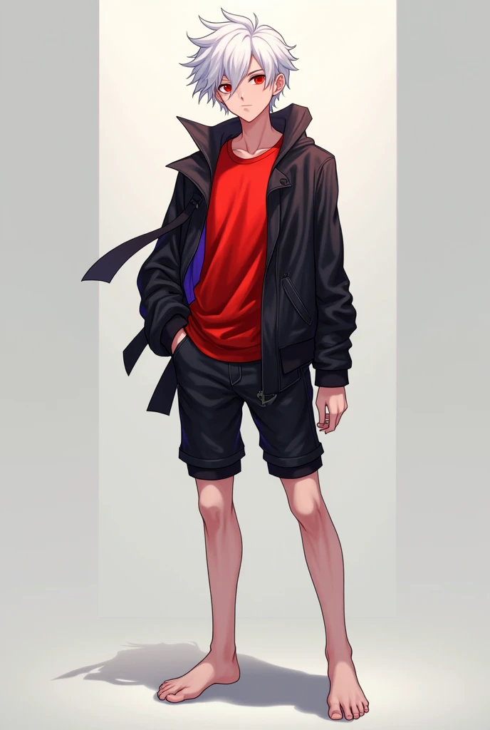 anime young adult boy with white hair, red eyes, red shirt, black jacket, black shorts, bare feet 