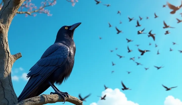 An ultra realistic image of a black crow on a tree branch, looking up at the blue sky full of birds. Crisp details and artistic style with natural colors