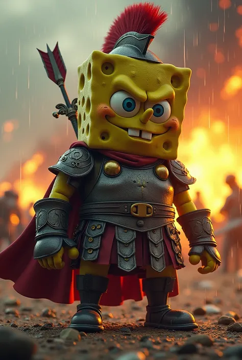  Make the SpongeBob character wearing Spartan clothes and with an angry face ,  with a sword around your waist and with an arrow stuck in your shoulder , Make a war fund with fire and rain