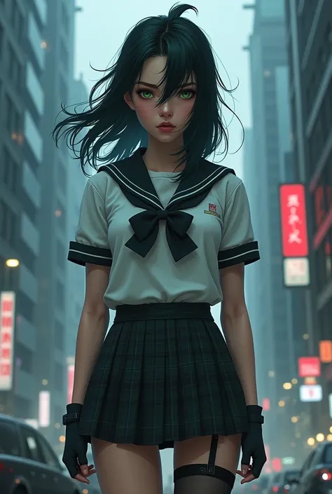  Create me a cyberpunk wallpaper by Asia Argento with standard female school uniform. This consists of a white blouse with a black bow ,  a short plaid skirt and black knee-length socks with loose hair ,  with a fringe divided over the forehead and a chara...