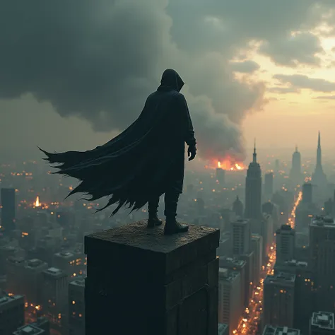 Imagine a man from behind, wearing black clothing that covers his body simply and effectively, with a cape flowing in the wind. His face is hidden by a hood or mask, giving an air of mystery and anonymity. He is standing on top of a tall building, his feet...