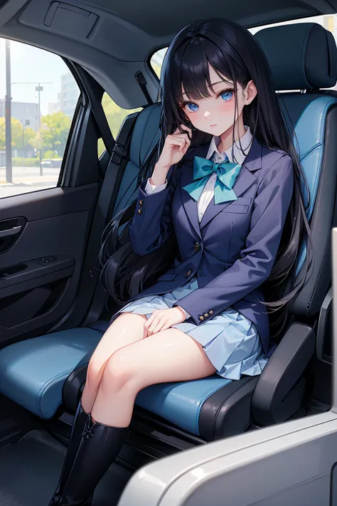 high school student ， Has long, dark hair ， with warm blue eyes ， Wore a fresh blue suit and black boots ， pure white collar and bright green bow 。 has long dark hair and warm blue eyes ， sitting in a car seat ， spread legs