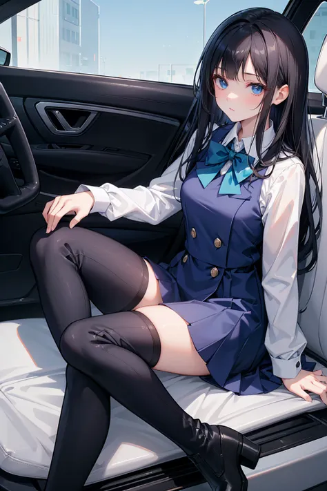 high school student ， Has long, dark hair ， with warm blue eyes ， Wore a fresh blue suit and black boots ， pure white collar and bright green bow 。 has long dark hair and warm blue eyes ， sitting in a car seat ， spread legs