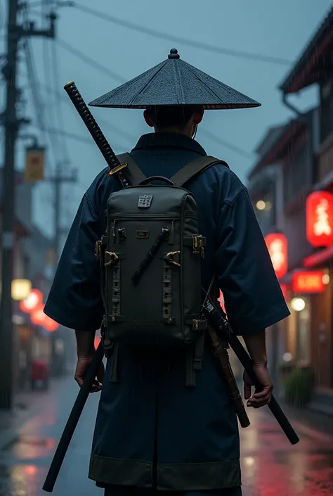  Create a character in samurai clothing ,  a black kasa hat that is straight , not curved . with a katana,  and a cylindrical backpack with his camping tent ,  with a katana on his left side .  Walking in the suburbs of Japan on a rainy night.