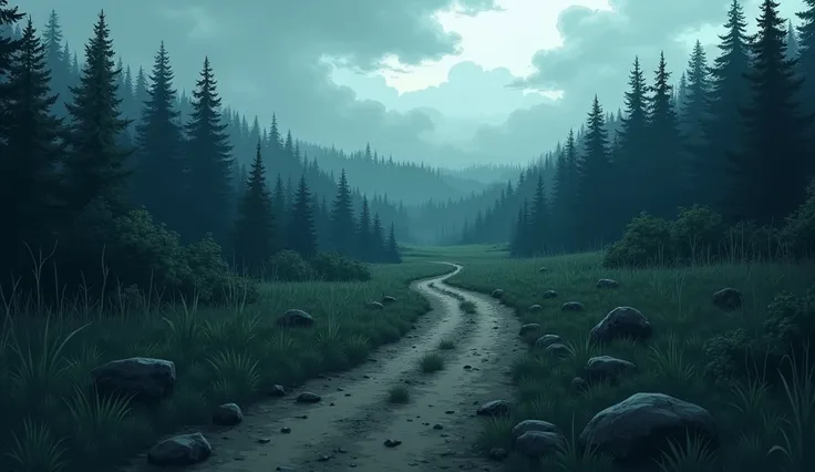 Best quality image, anime style,  imagine a scenario of a dirt trail with a dark and tall lawn surrounding it,  with some dark rocks scattered around the place ,  further on there is a large dark forest with tall trees , The sky is more cloudy , Beautiful ...